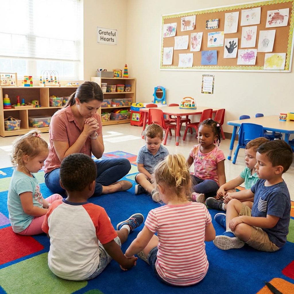 Teacher praying with students